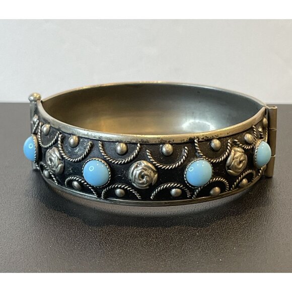 Silvertone Tibet Hinged Bangle Bracelet With Faux Turquoise - Picture 6 of 10